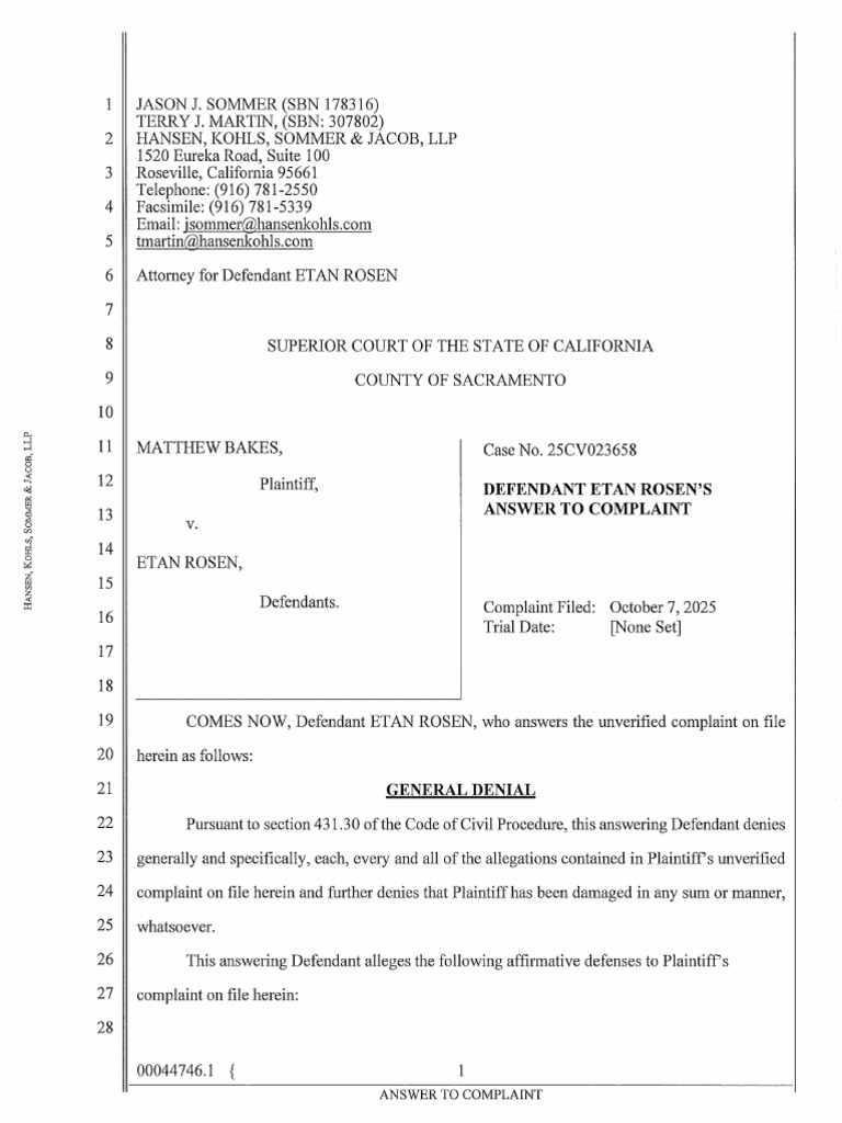 Rosens Answer To Complaint | PDF | Affirmative Defense | Complaint