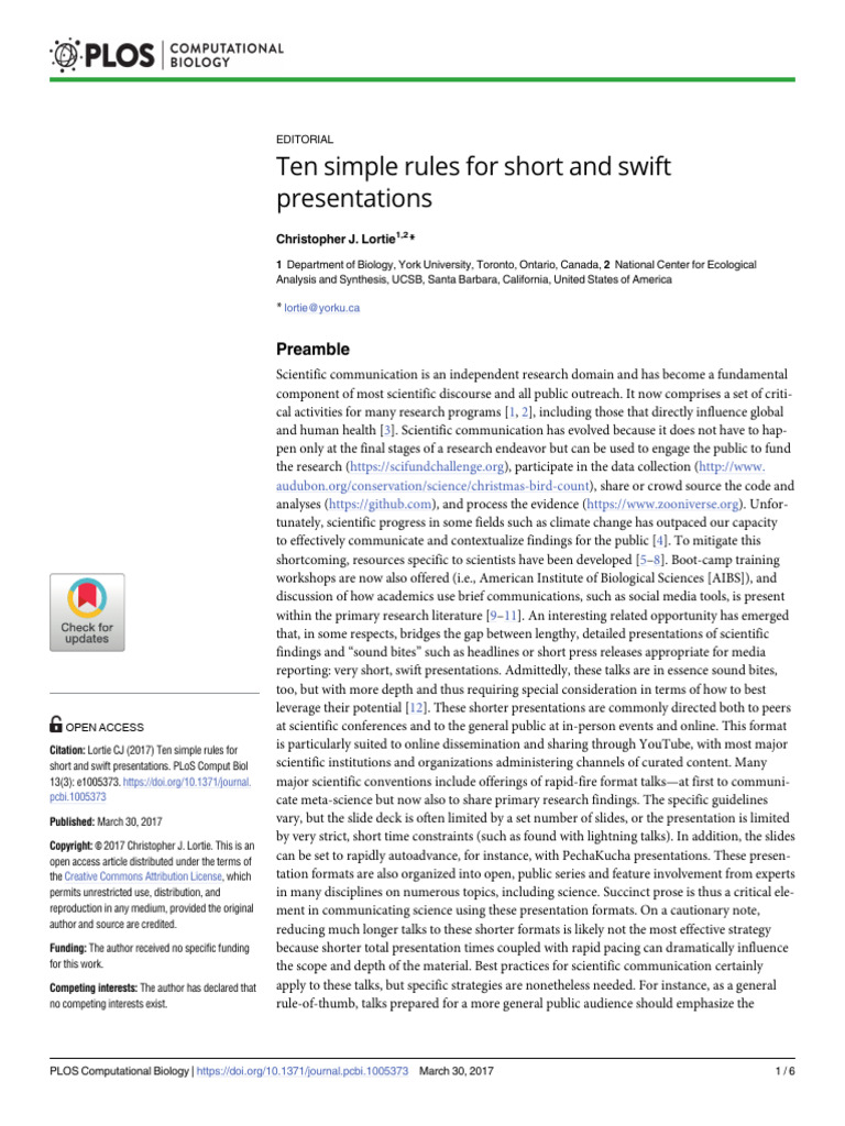 Lortie 2017 Ten Simple Rules For Short and Swift Presentations | PDF ...