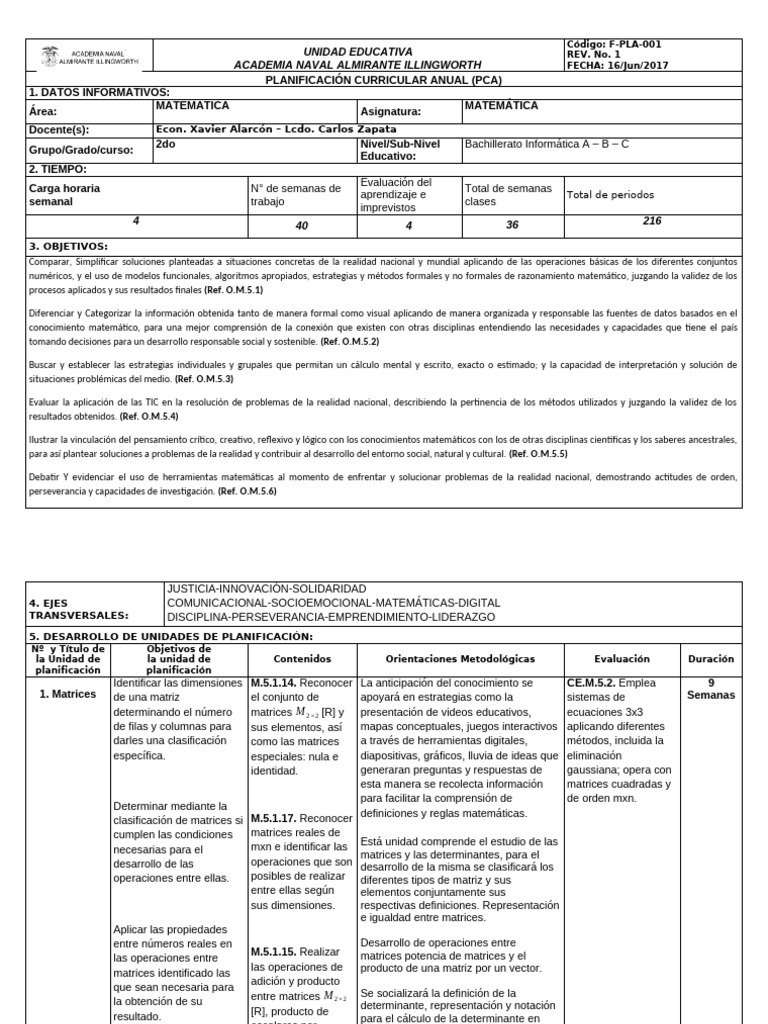 Pca Matemática 2do Informática 2023 | PDF | Matriz (Matemáticas ...