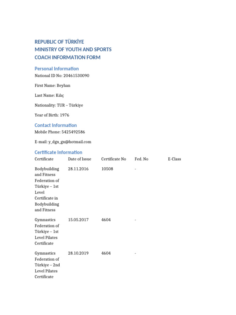Coach Information Form | PDF