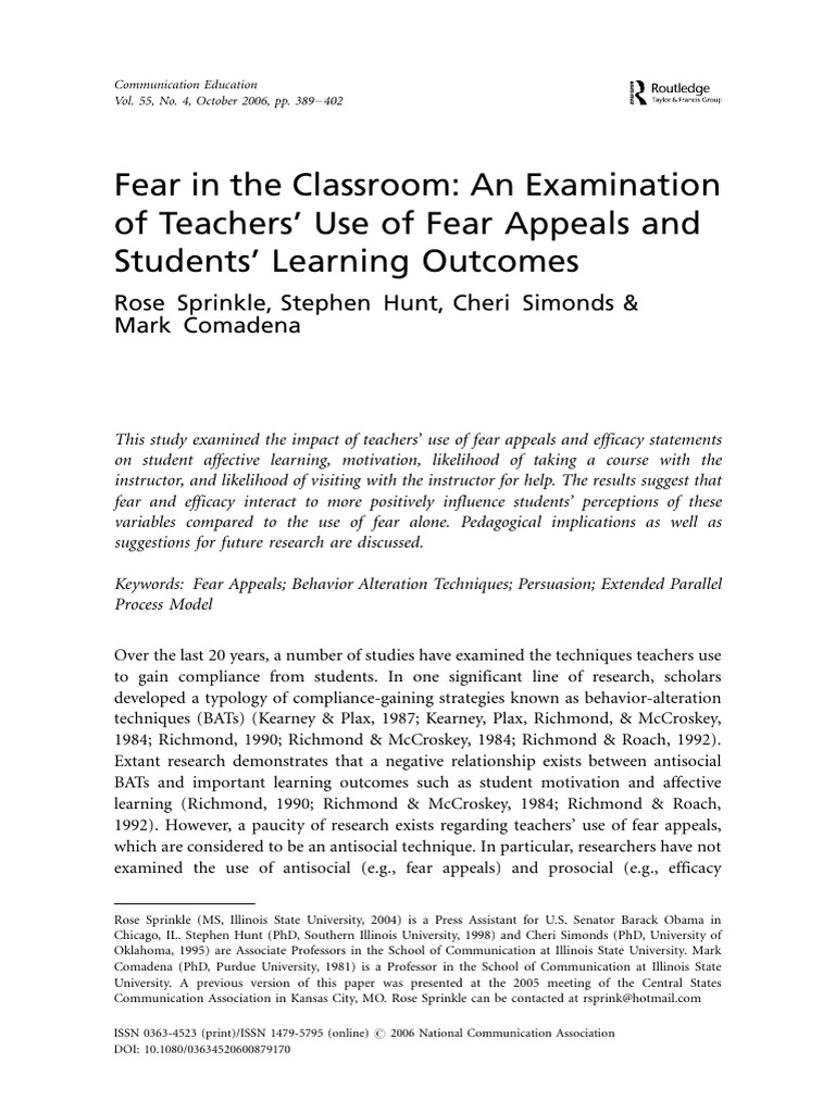 Fear in The Classroom - An Examination of Teachers' Use of Fear Appeals ...