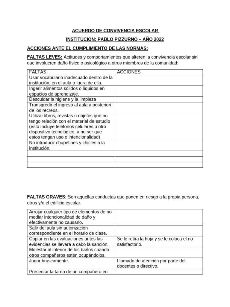 Acuerdo de Convivencia Escolar - 2022 | PDF | Salón de clases | Violencia