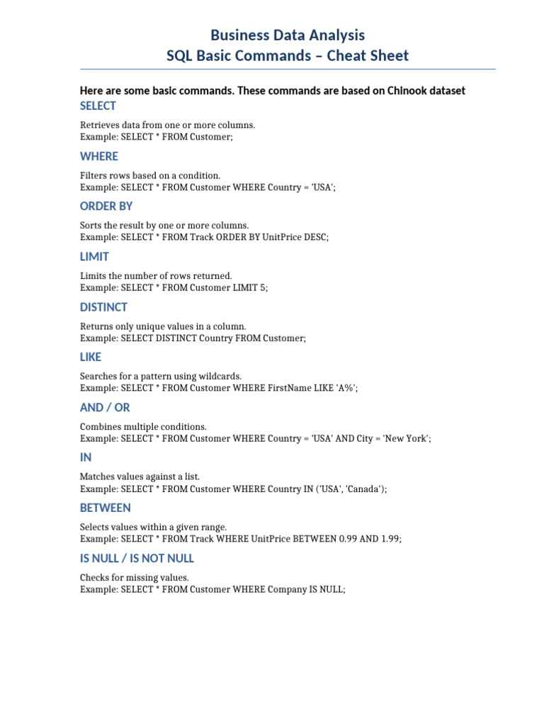 SQL Basic Commands Cheat Sheet | PDF