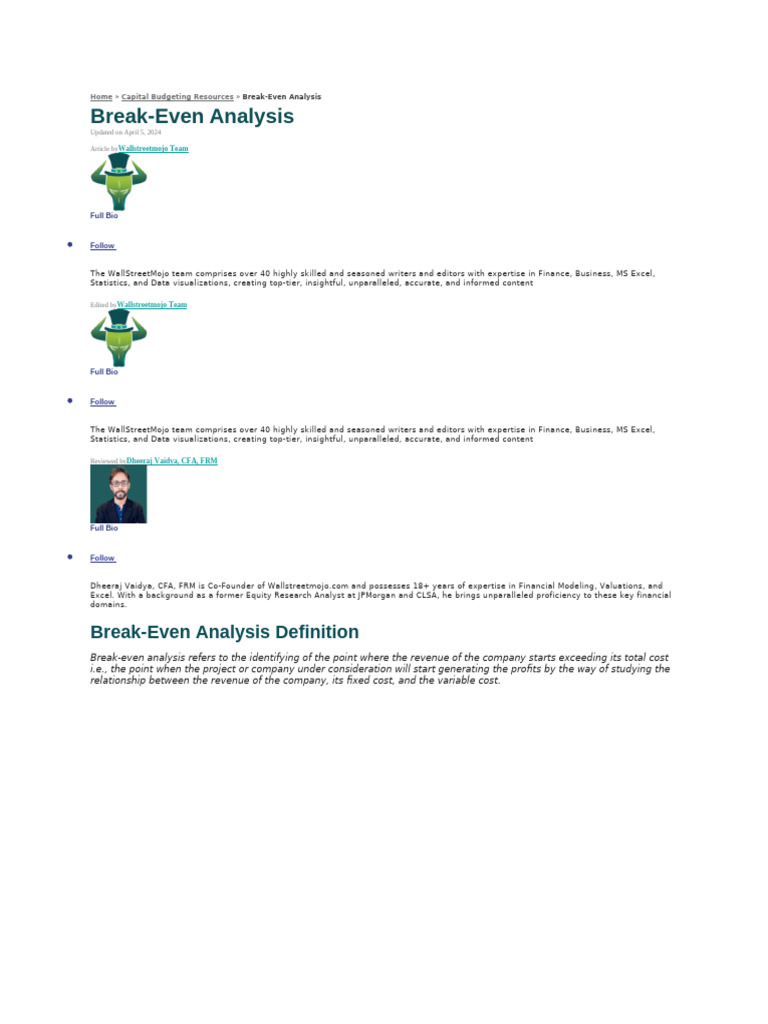 Breack Even | PDF | Business | Business Economics