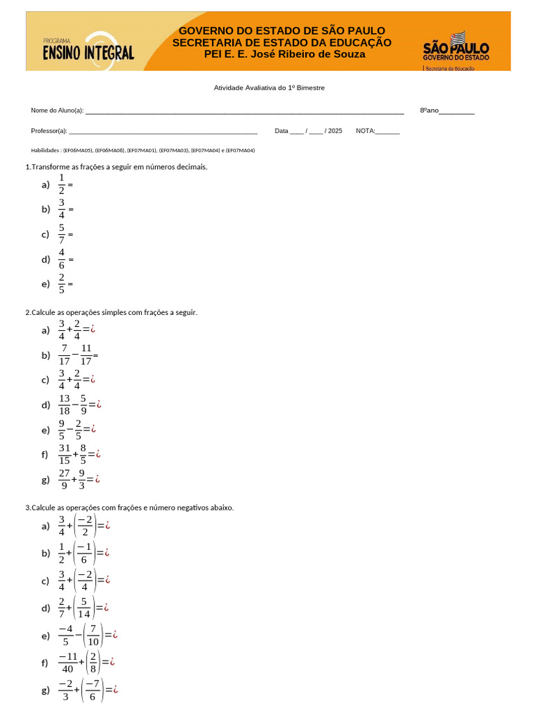 Prova de Matemática 8º Ano Matemática 1º Bimestre | PDF