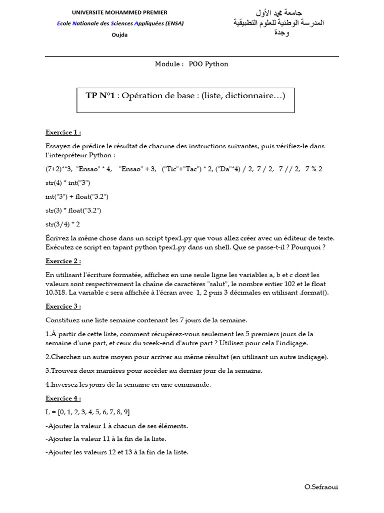 Opération de Base: (Liste, Dictionnaire ) : Module: POO Python | PDF ...