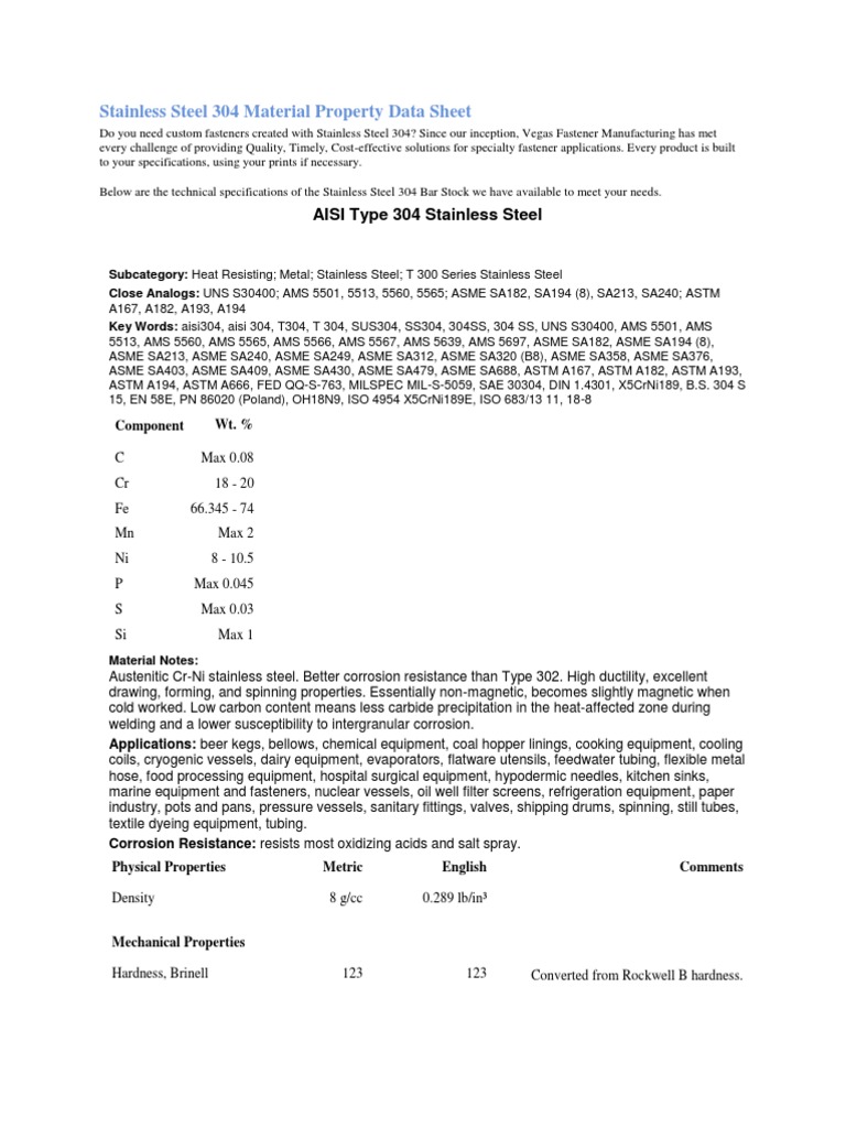 Stainless Steel 304 Material Property Data Sheet Stainless Steel