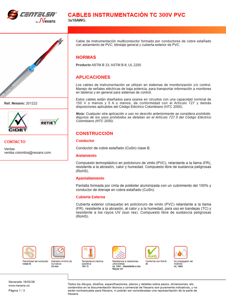 Cable Awg 3x18 Centelsa Nexans - 201220 | PDF | Cobre | Conductor electrico