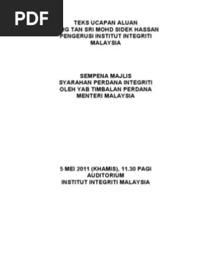 Ucapan Aluan Pengerusi IIM Syarahan Perdana Integriti 5 Mei 20111 