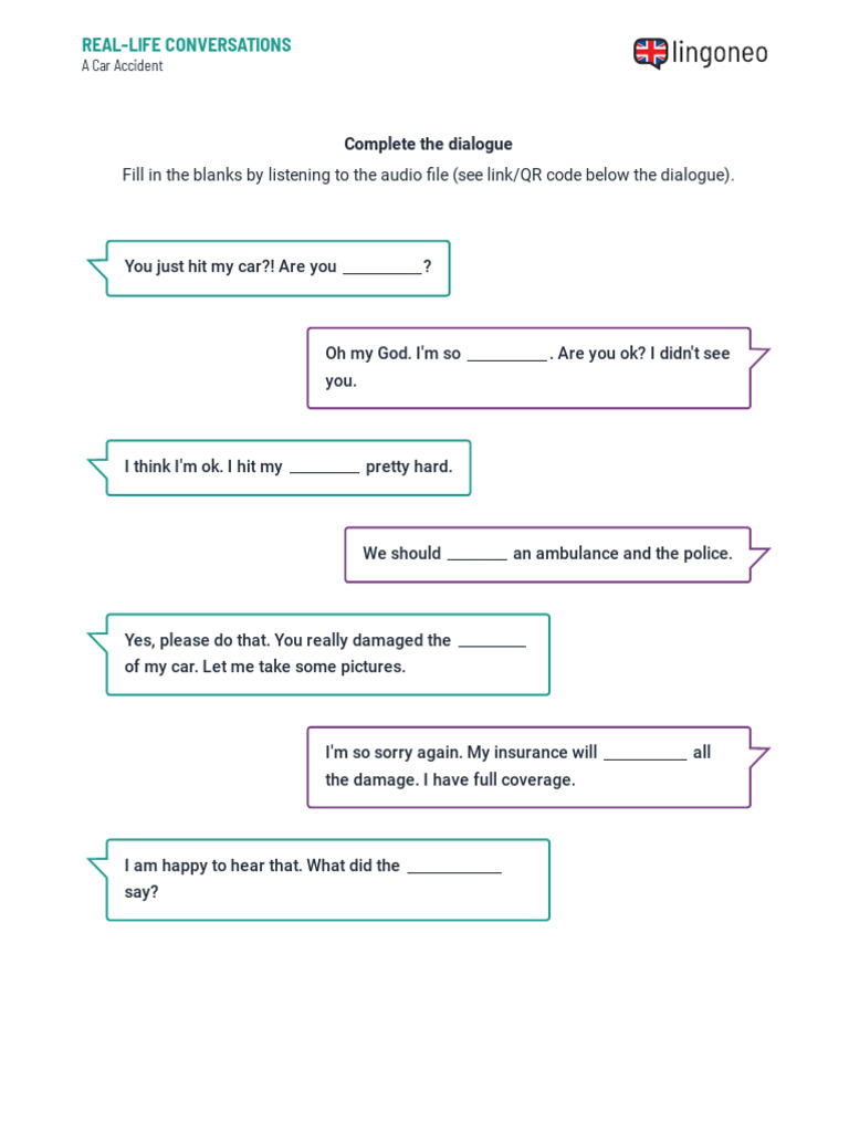 A Car Accident - Worksheet Dialogue Exercise | PDF
