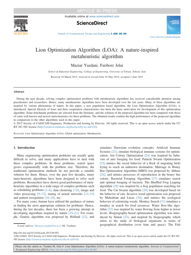 Lion Optimization Algorithm LOA A Nature-Inspired | PDF