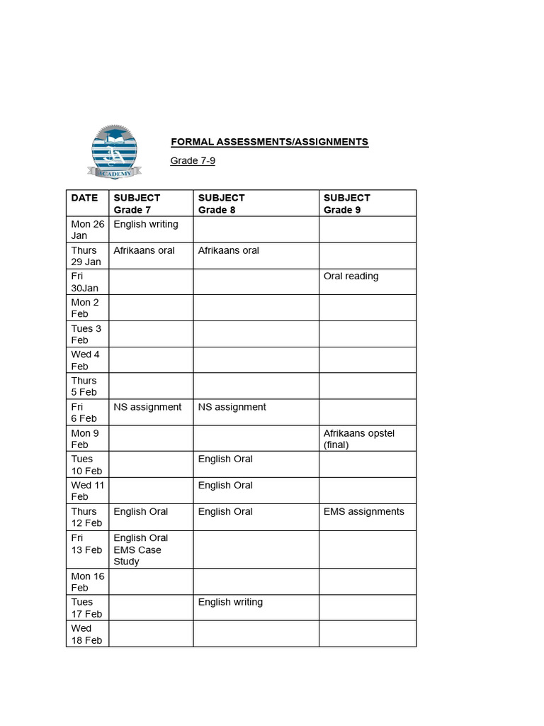 Assessment Timetable Term 1 Revised | PDF | Educational Assessment And ...
