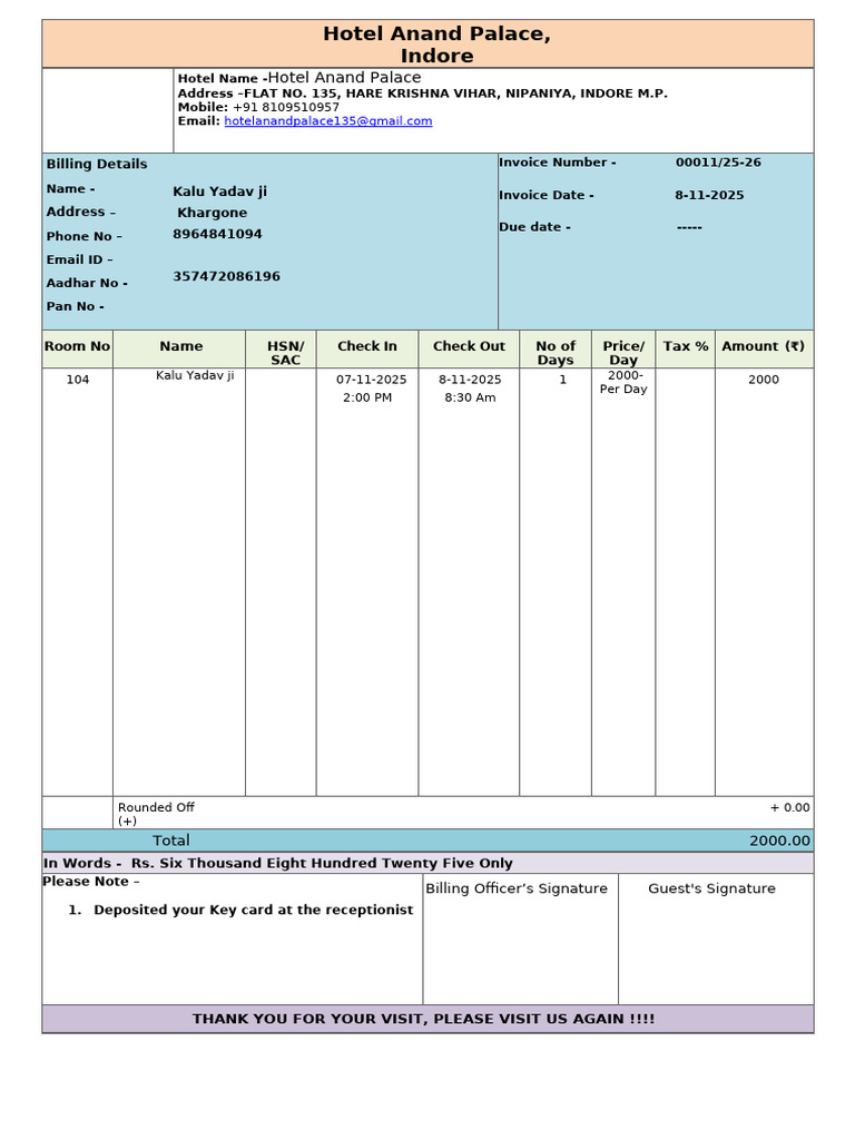 Hotel Bill Format 1 | PDF
