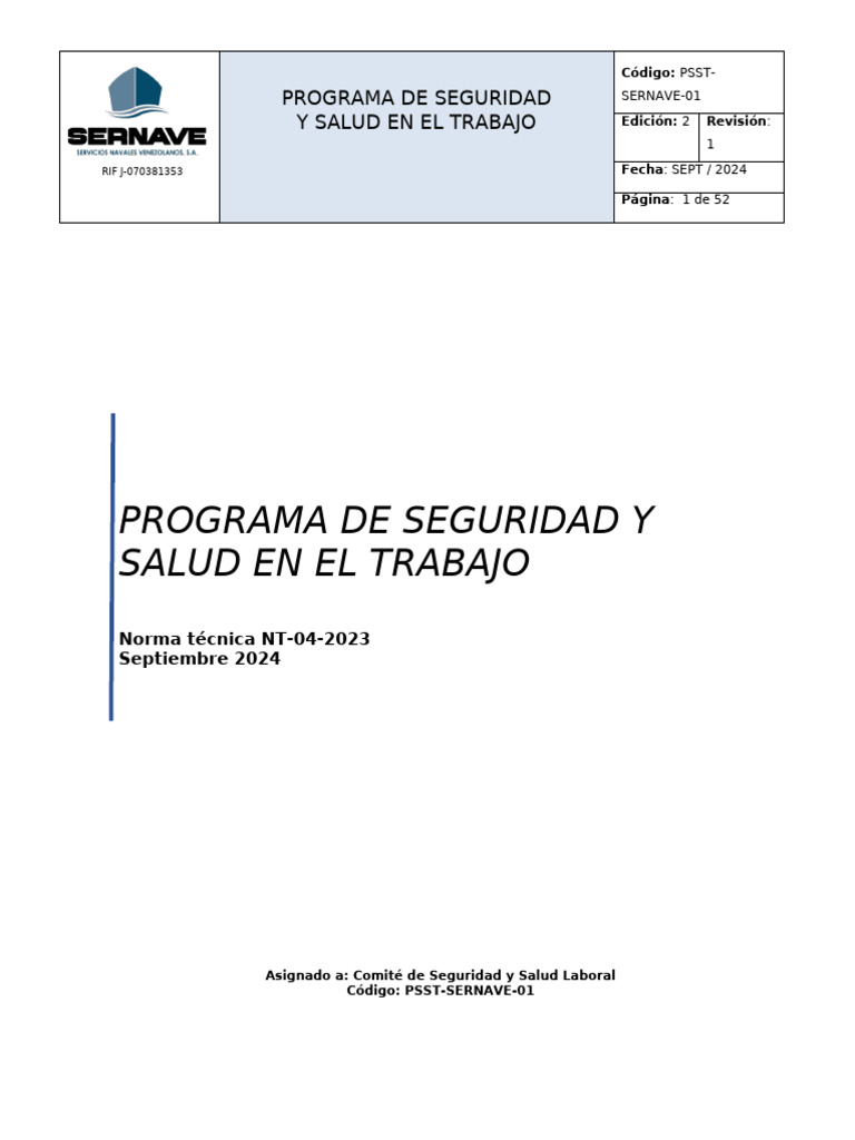 Programa de Seguridad y Salud en El Trabajo Sernave | PDF | Seguridad y ...