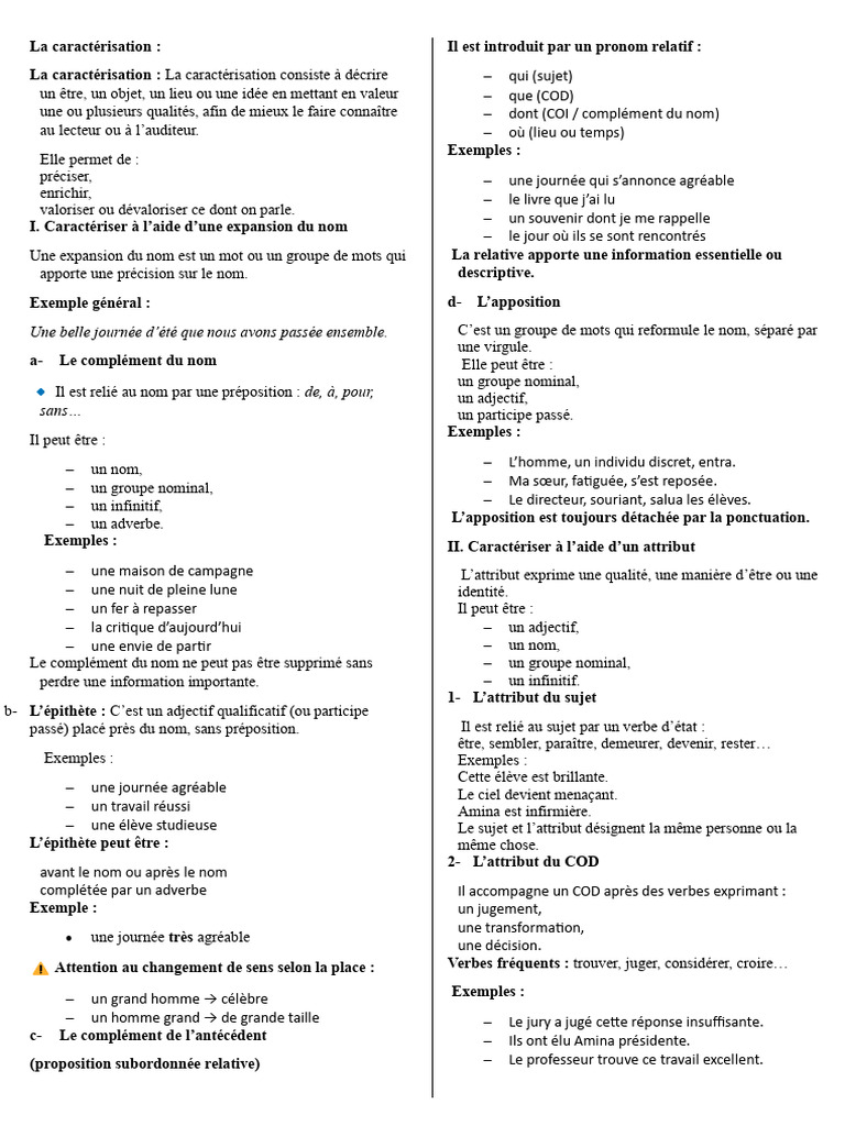 La Caractérisation Exercices 2026 | PDF | Grammaire | Linguistique