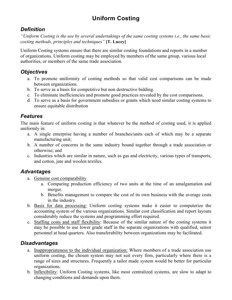 Uniform Costing Cost Accounting Labour Economics