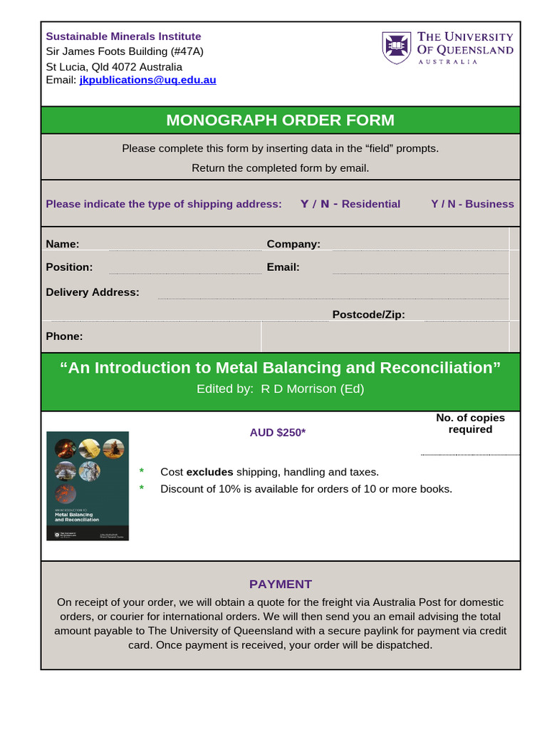 Monograph Order Form An Introduction To Metal Balancing and ...