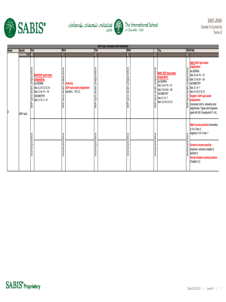 2526-Term 2 SDP Quiz Schedule With Deadlines Level K | PDF