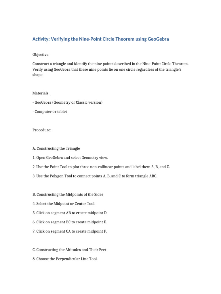 Nine-Point Circle GeoGebra Activity | PDF