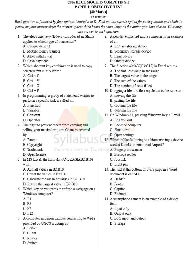 2026 Bece Mock 15 Computing 1 | PDF | Computer File | Microsoft Excel