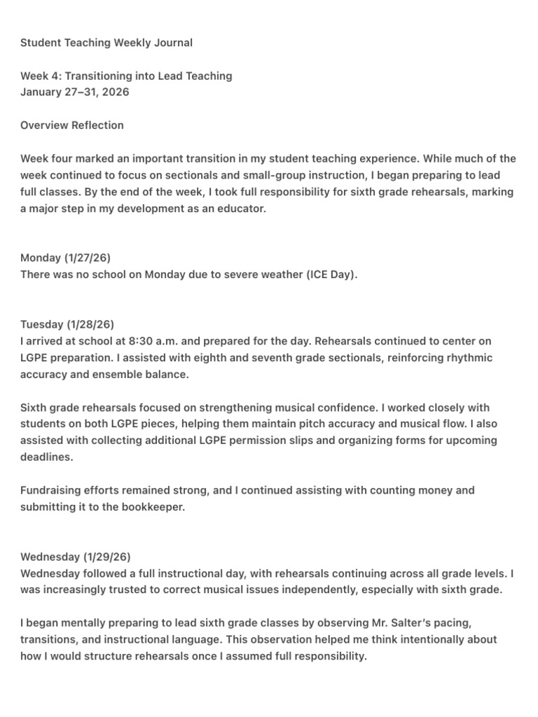 Student Teaching Weekly Journal - Week Four | PDF | Learning | Behavior ...