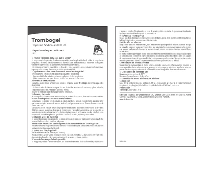 Posologia Trombogel - Gel | PDF | Efecto adverso | Medicina