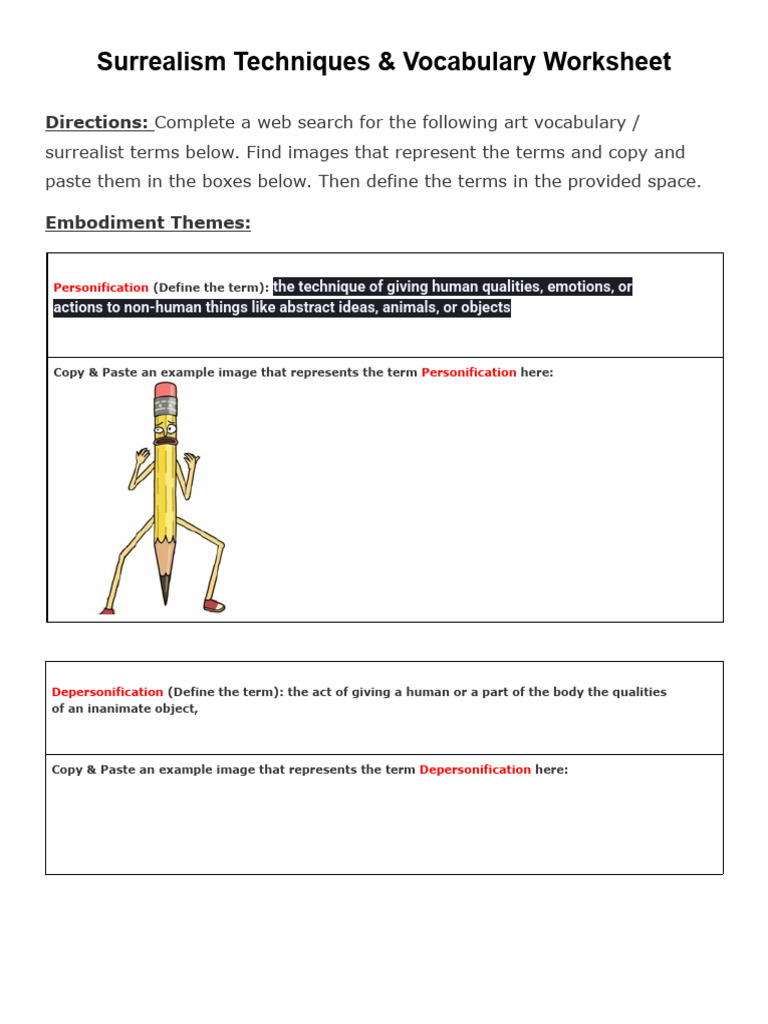 Surrealism Techniques & Vocabulary Worksheet | PDF | Surrealism | Image