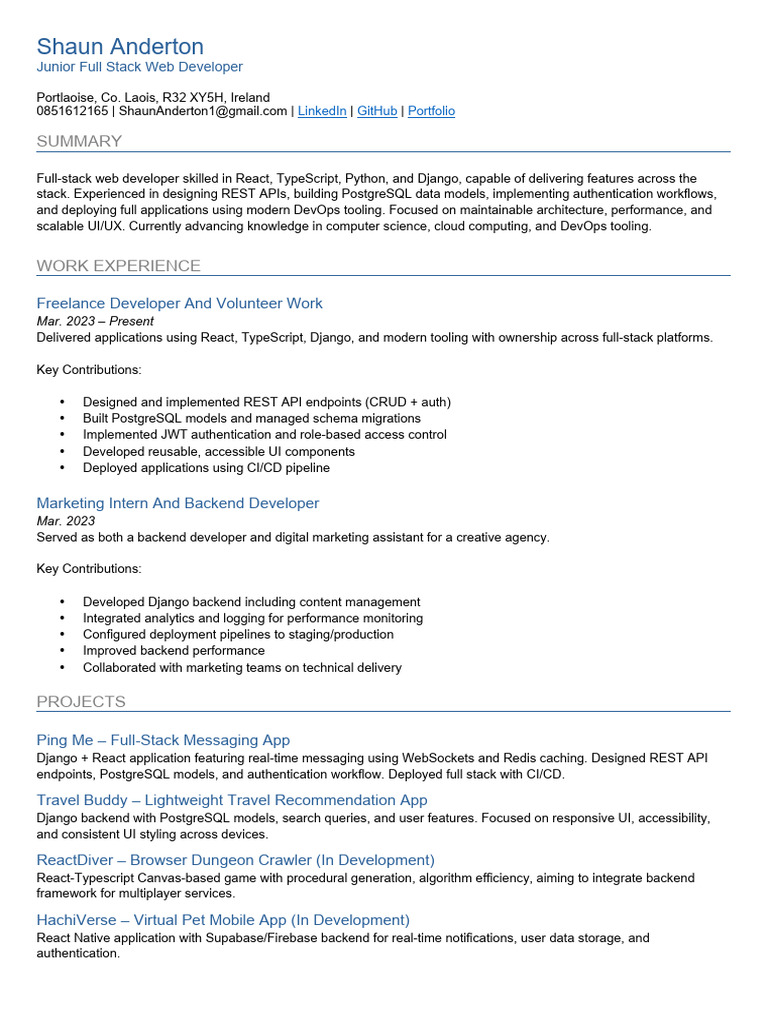 Shaun Anderton CV Full Stack | PDF | Postgre Sql | Systems Architecture