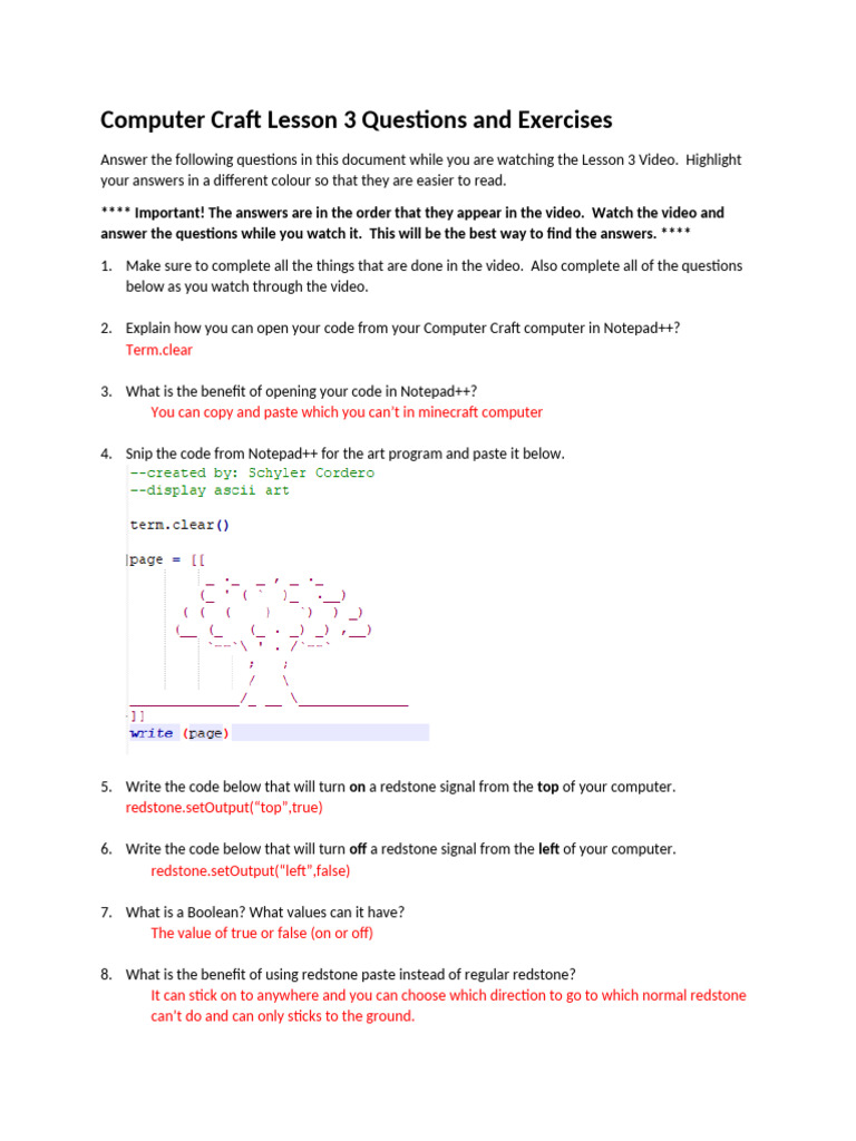 Computer Craft Lesson 3 Questions | PDF