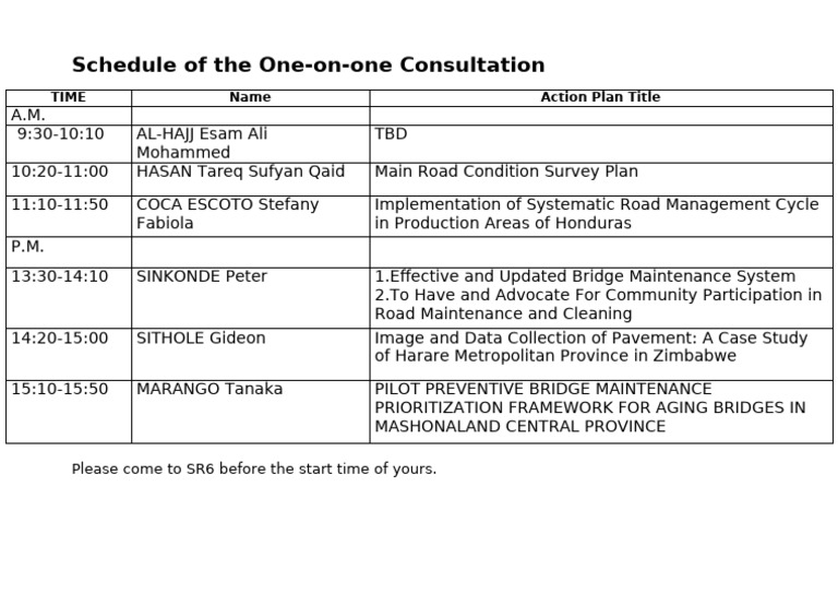 One On One Consultaion Schedule | PDF