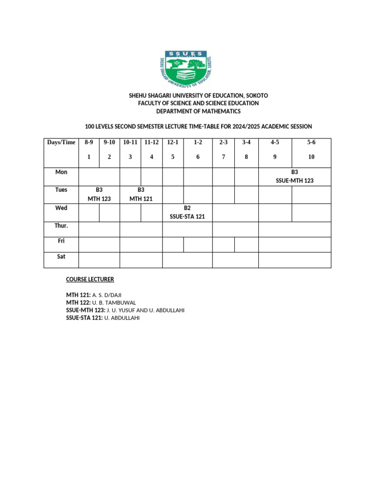 2nd Semester Dep't Lecture Time Table 2024-2025 | PDF