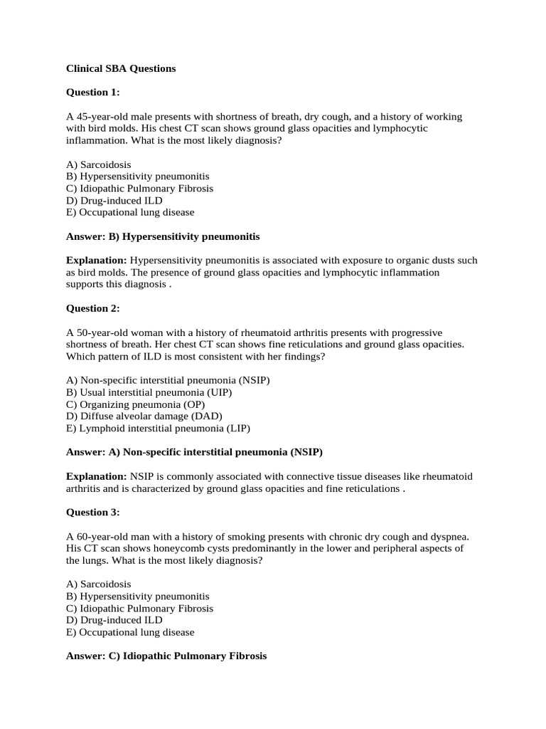 Clinical SBA Questions T2 | PDF | Pneumonia | Respiratory System