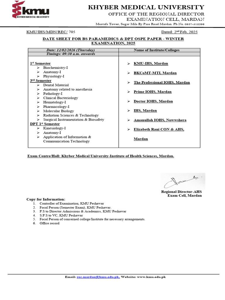 BS AHS Winter 2025 OSPE Datesheet | PDF | Educational Stages | Health Care