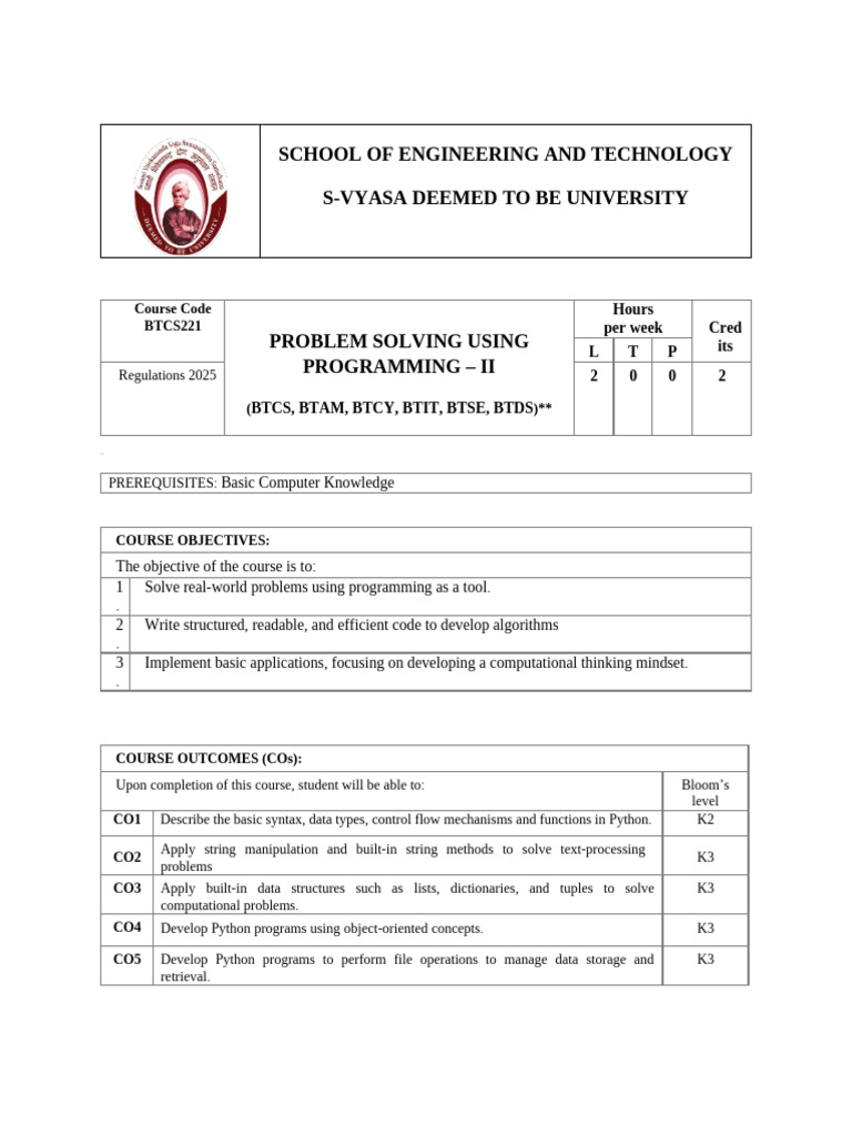 BTCS221-Problem Solving Using Programming - II-1 | PDF | Parameter ...