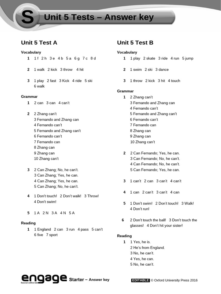 Engage Starter Unit 5 Tests Answer Key | PDF | Ball Games | Team Sports