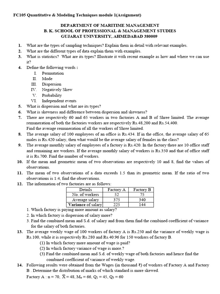 BK QT & MT Module 1 Assignment 2025 | PDF | Mode (Statistics) | Skewness