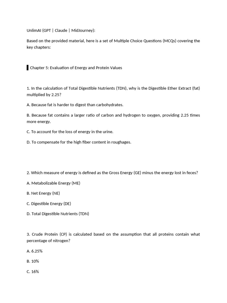 Exam Nutrition | PDF | Calorie | Hay