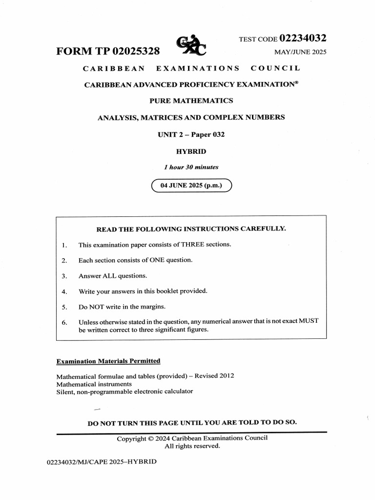 CAPE Pure Mathematics 2025 U2 P032 | PDF