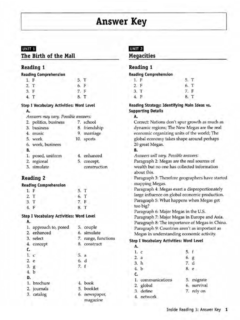 Inside Reading 3 Answer Key-1st-Edition | PDF