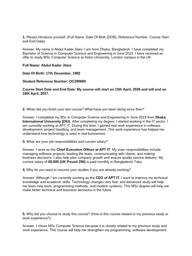 UK CAS Interview - Sample Questions and Answers For Abdul Kader Jilani ...
