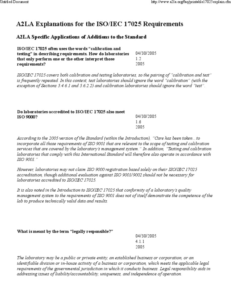 A2LA Expalnations For ISO 17025 Requirements PDF Calibration Iso 9000