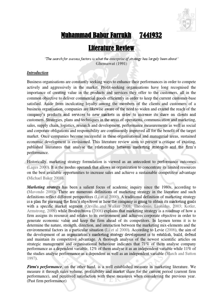 literature review on marketing strategy pdf
