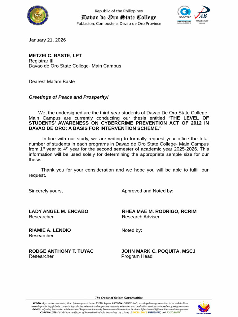 Letter To Obtain Total Student Population | PDF
