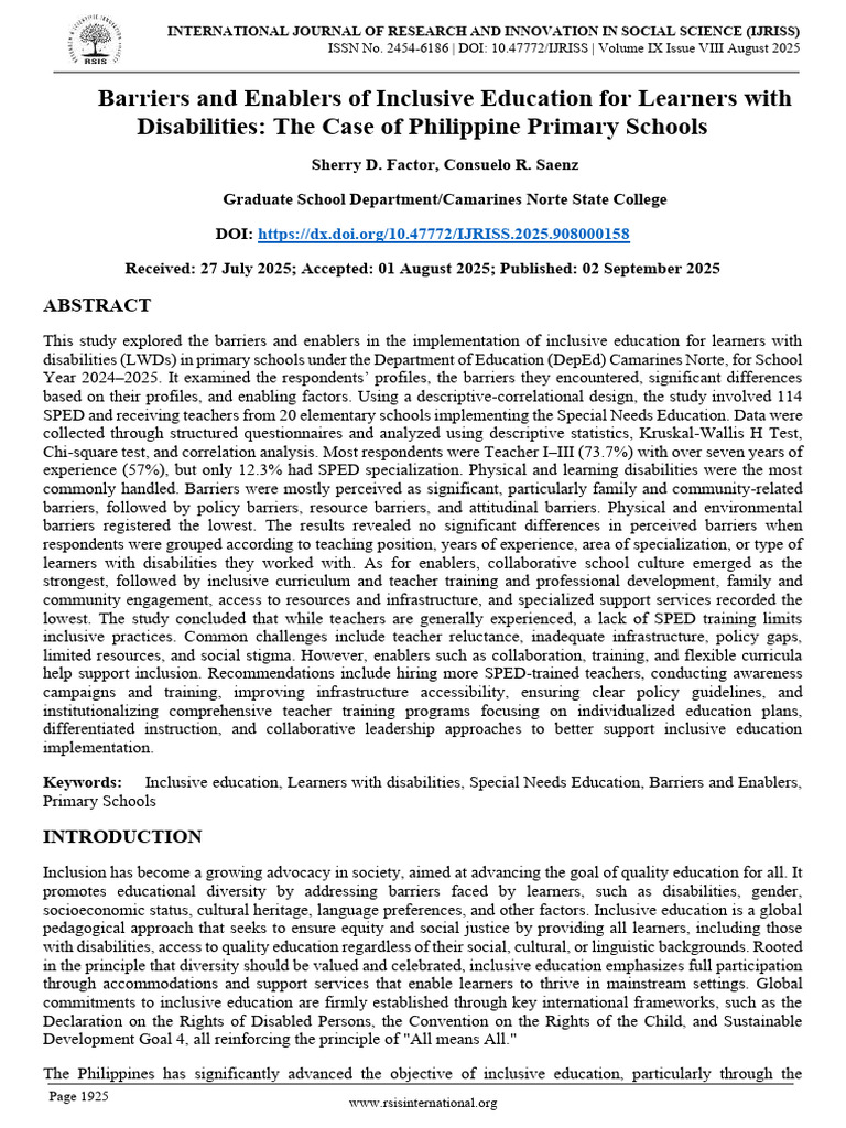 Barriers and Enablers of Inclusive Education For Learners With ...
