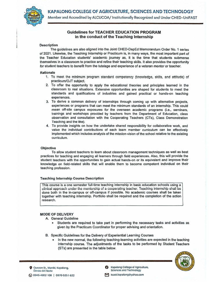 Cte Teaching Internship Guidelines | PDF