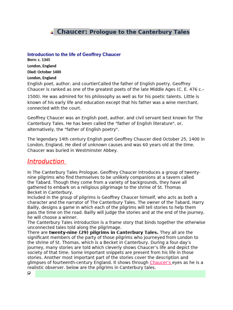 Prologue To The Canterbury Tales | PDF | The Canterbury Tales