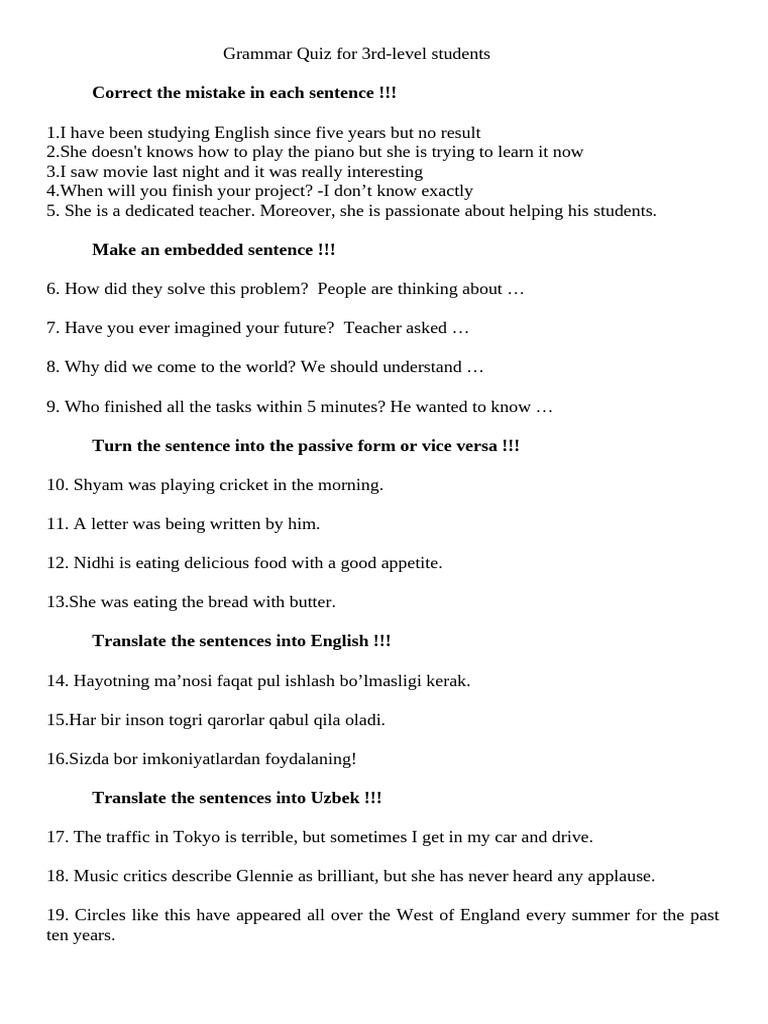 Grammar Quiz For 3rd Level October 2023 | PDF | Linguistic Morphology ...