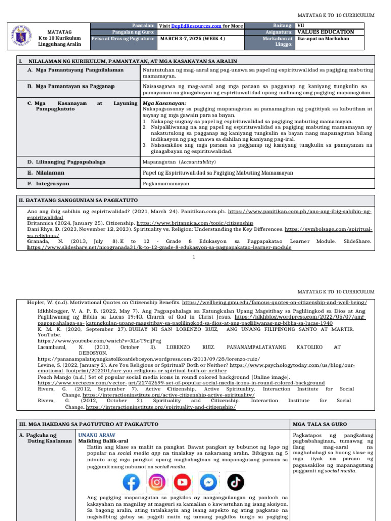 DLL Matatag - Values Education 7 q4 w4 | PDF