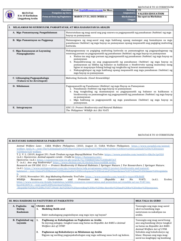 DLL Matatag - Values Education 7 q4 w6 | PDF