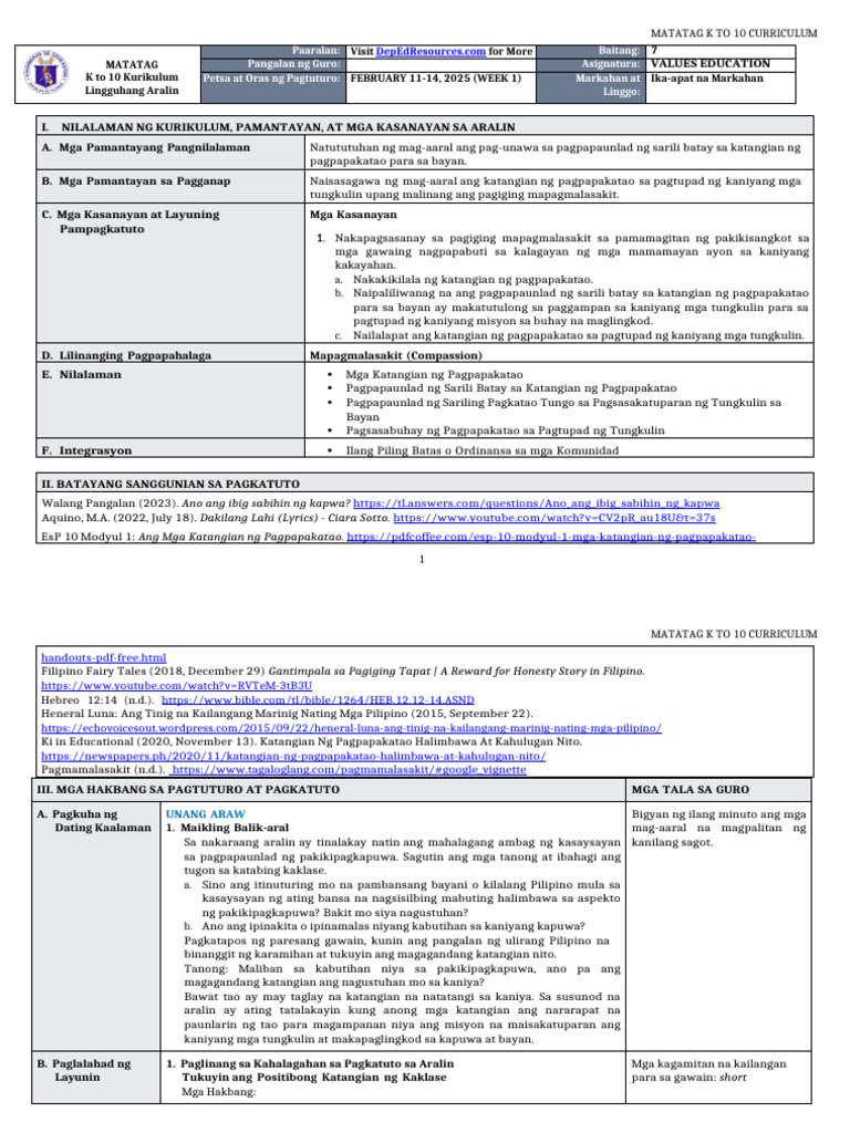 DLL Matatag - Values Education 7 q4 w1 | PDF